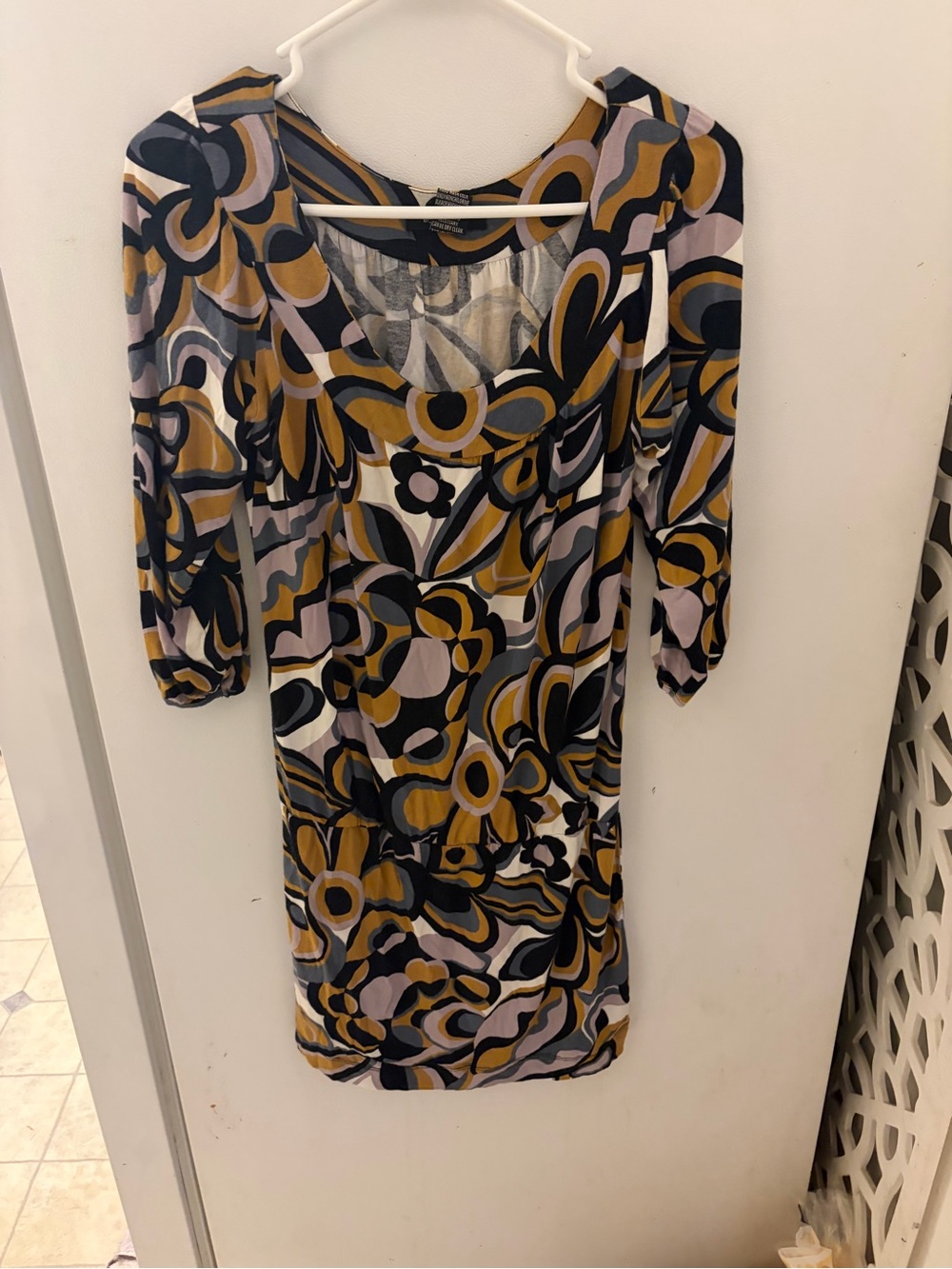 BCBGMaxAzria Abstract Floral Scoop Neck Dress in Mustard, Black & Light Gray